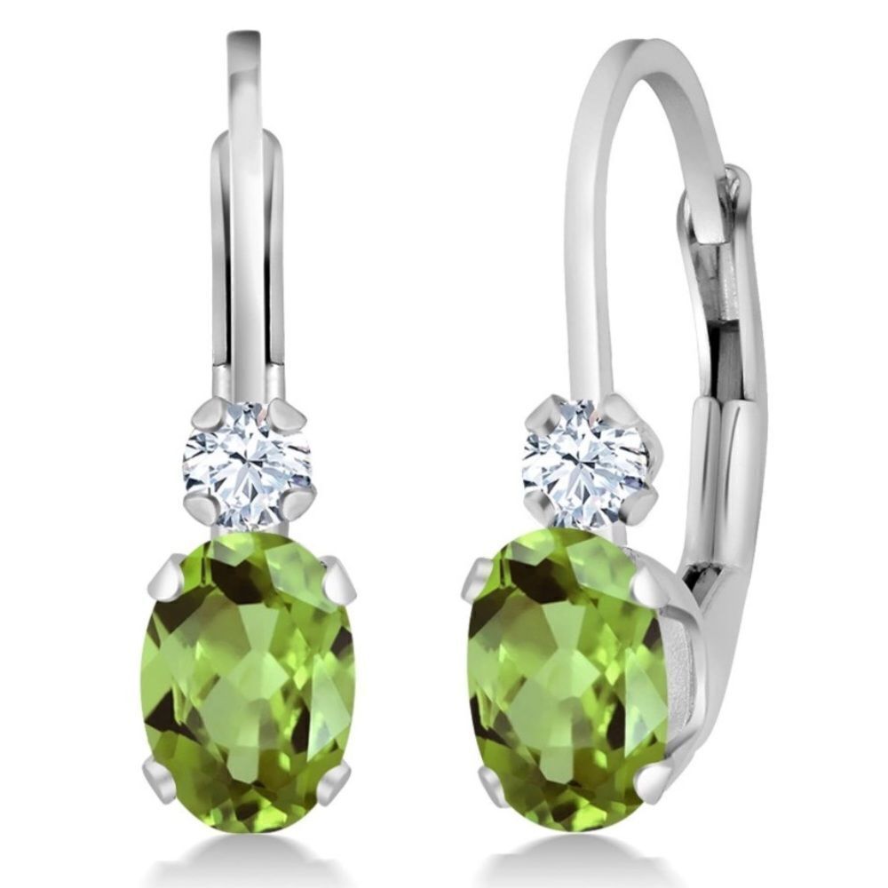 18K White Gold with 1.08 Cttw Peridot and White Sapphire Leverback Drop Earrings